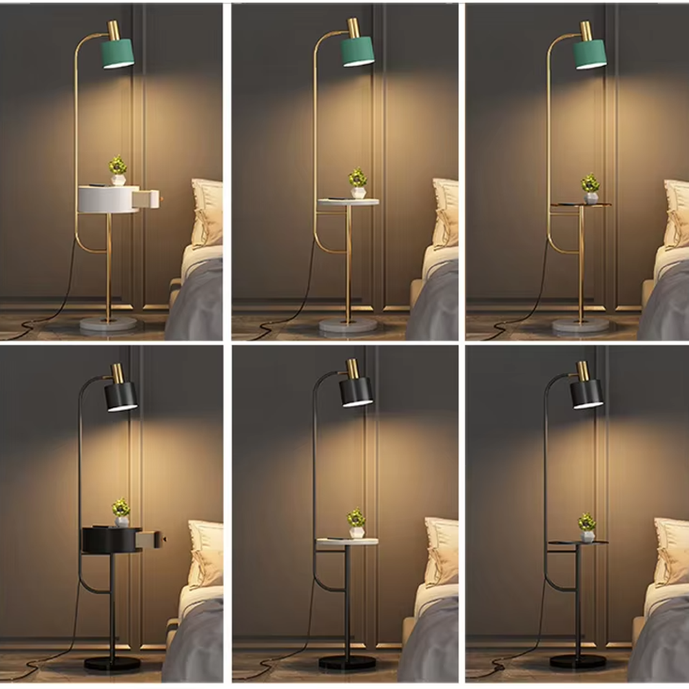 Light luxury black-gold curved LED floor lamp (with side table + drawer), black metal curved stand + gold-decor lamp head + round side table with drawer, soft warm light, creating a high-end practical light luxury atmosphere.