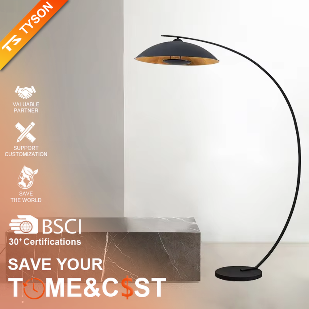 Minimalist black metal curved floor lamp, black + wooden inner layer hemispherical lampshade, simple soft light, creating a minimalist high-end home atmosphere.