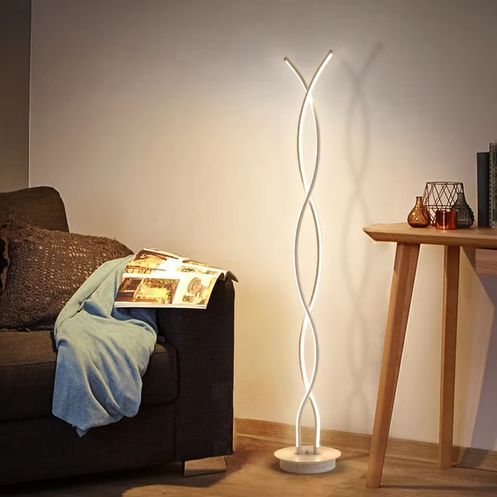 Trendy spiral-wound gradient colorful LED floor lamp, double strip lights spiral-wound + gradient multi-color light effect, creating a fashionable trend atmosphere.