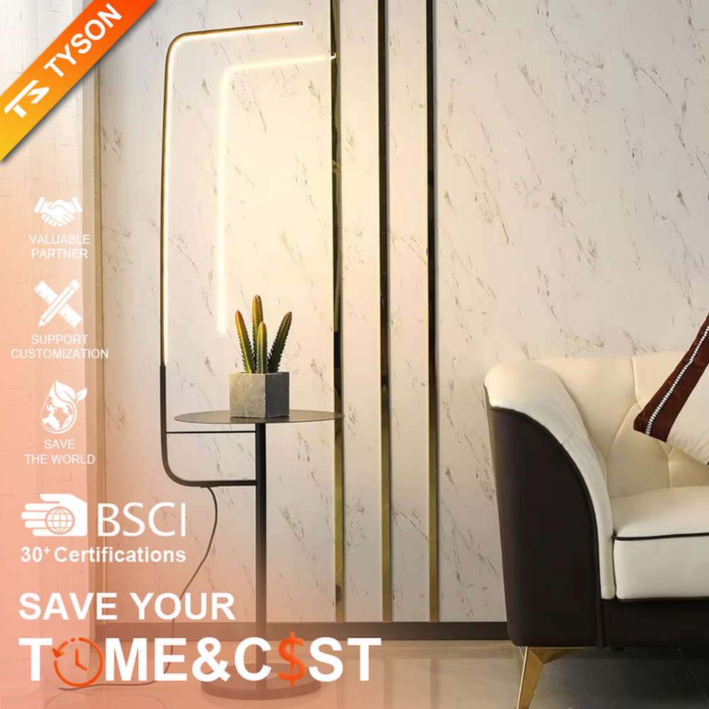 Light luxury golden L-shaped LED strip floor lamp with side table, gold metal stand + round small side table + white marble base, soft warm light, creating a high-end practical light luxury atmosphere.