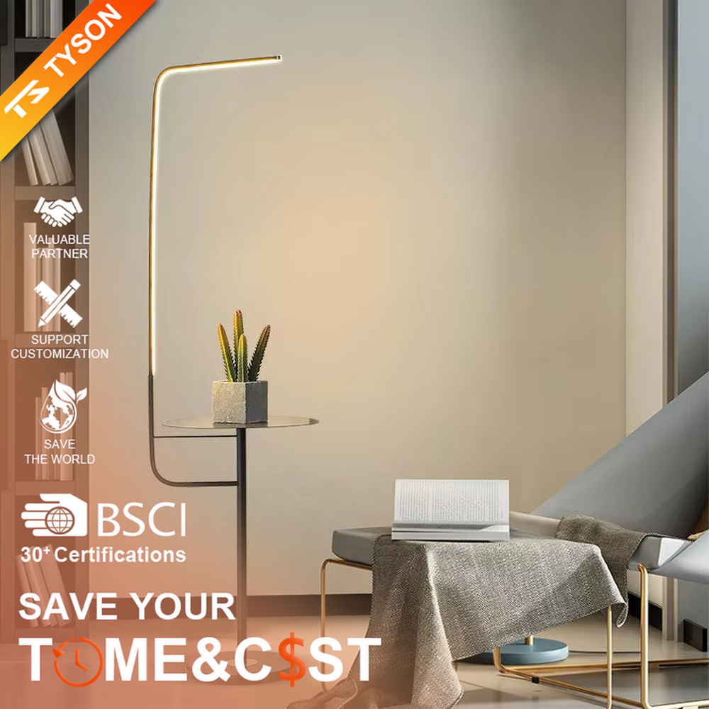 Light luxury golden L-shaped LED strip floor lamp with transparent side table, golden metal L-shaped stand + transparent round side table + white marble base, soft warm light, creating a high-end practical light luxury atmosphere.
