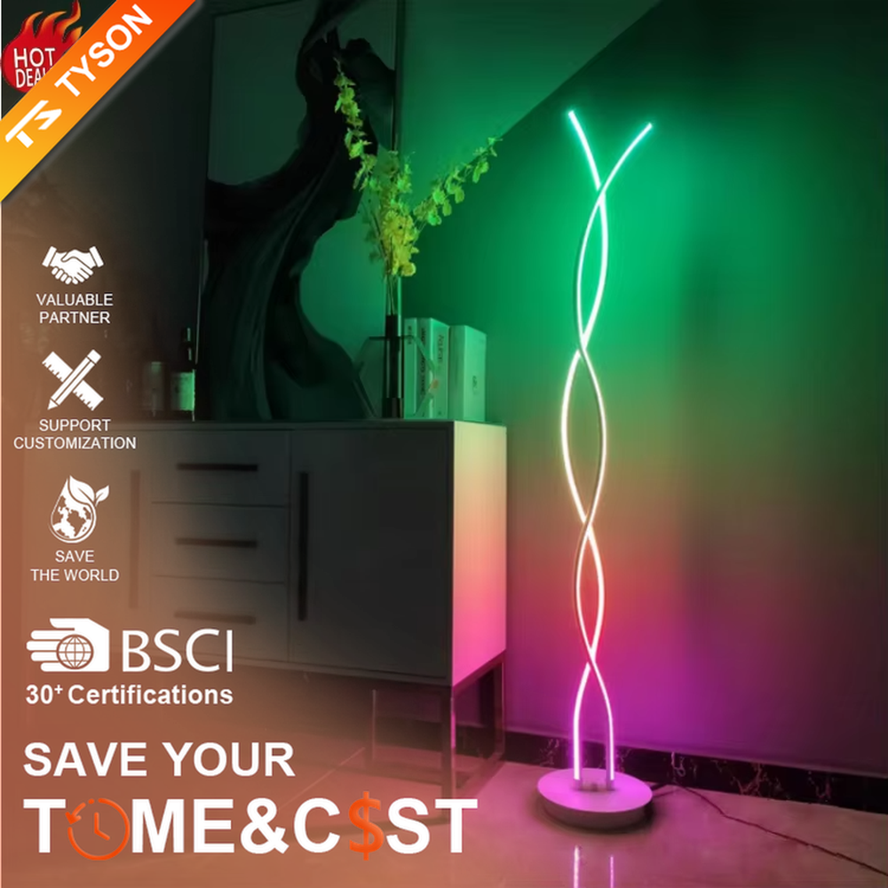 Trendy spiral-wound gradient colorful LED floor lamp, double strip lights spiral-wound + gradient multi-color light effect, creating a fashionable trend atmosphere.