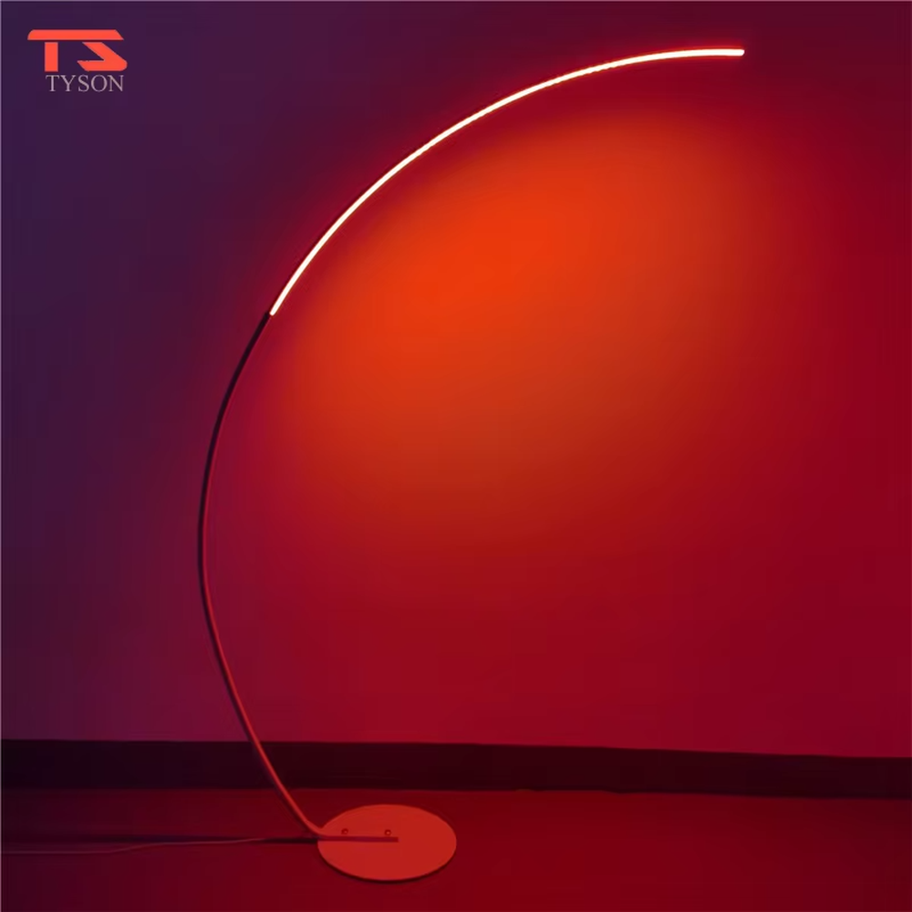 Modern minimalist black metal curved strip LED floor lamp, black metal curved stand + strip LED lamp body + soft warm light, creating a simple high-end home atmosphere.