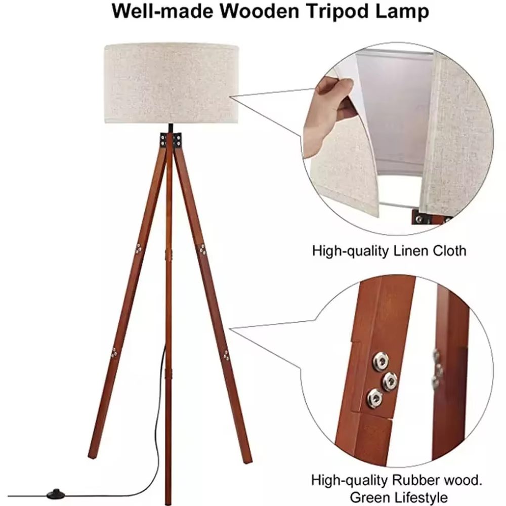 Minimalist natural-style wooden tripod floor lamp, beige fabric lampshade + metal connectors, soft and warm lighting, creating a comfortable leisure atmosphere.