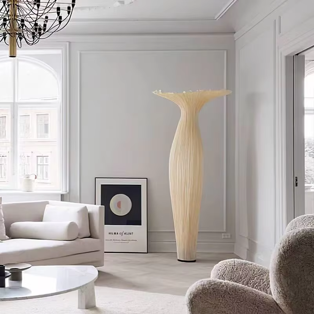 Modern art-style bud-shaped translucent floor lamp (size combination), textured material + warm yellow light effect, creating a soft artistic atmosphere.
