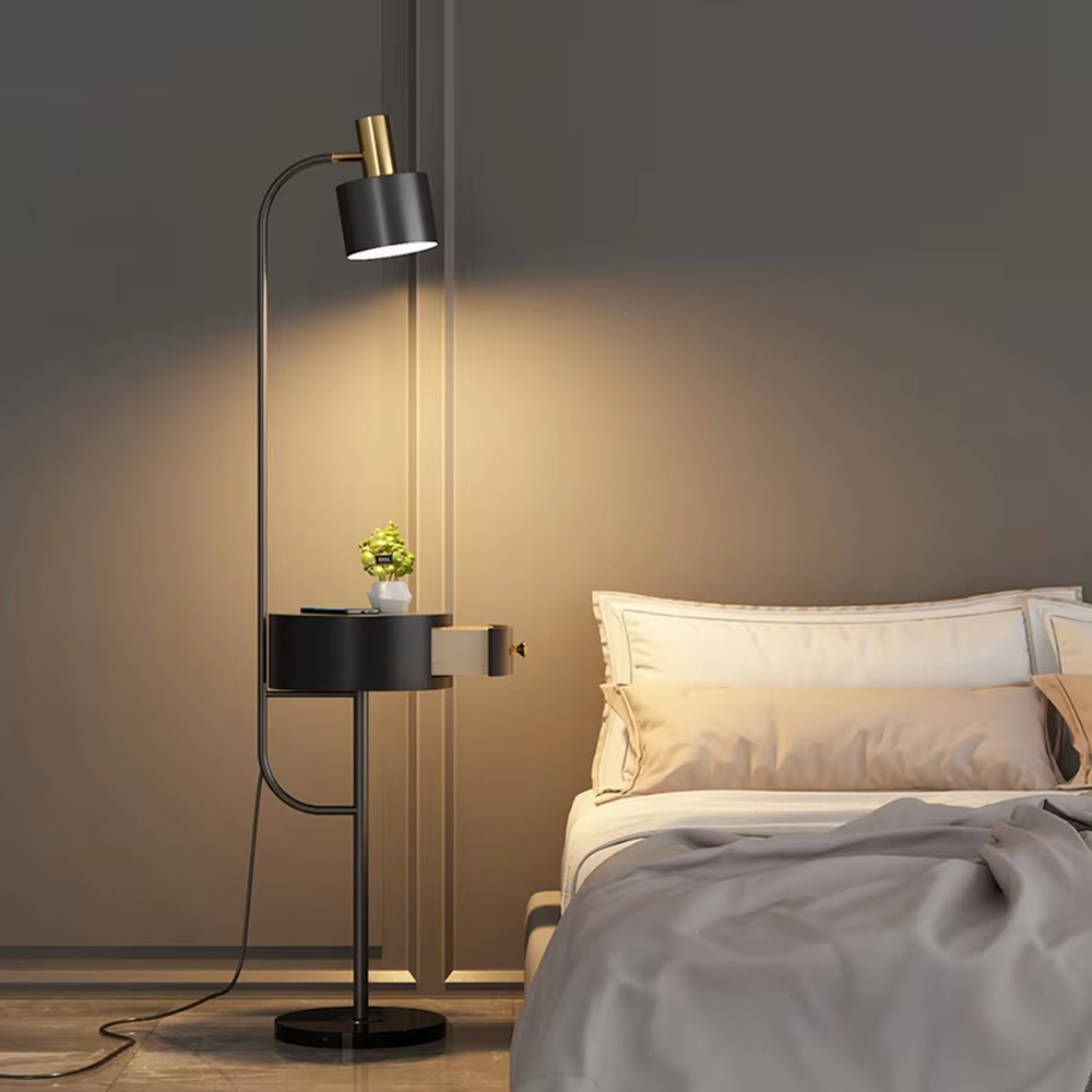 Light luxury black-gold curved LED floor lamp (with side table + drawer), black metal curved stand + gold-decor lamp head + round side table with drawer, soft warm light, creating a high-end practical light luxury atmosphere.