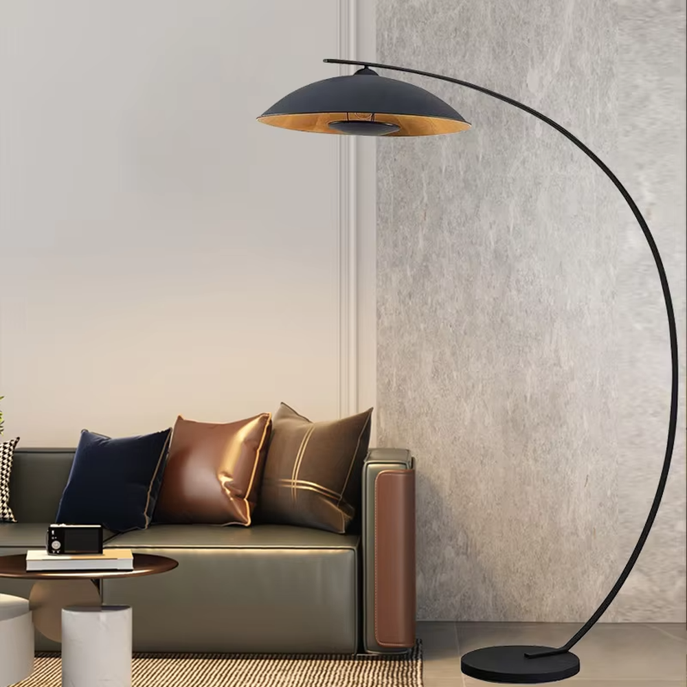 Minimalist black metal curved floor lamp, black + wooden inner layer hemispherical lampshade, simple soft light, creating a minimalist high-end home atmosphere.