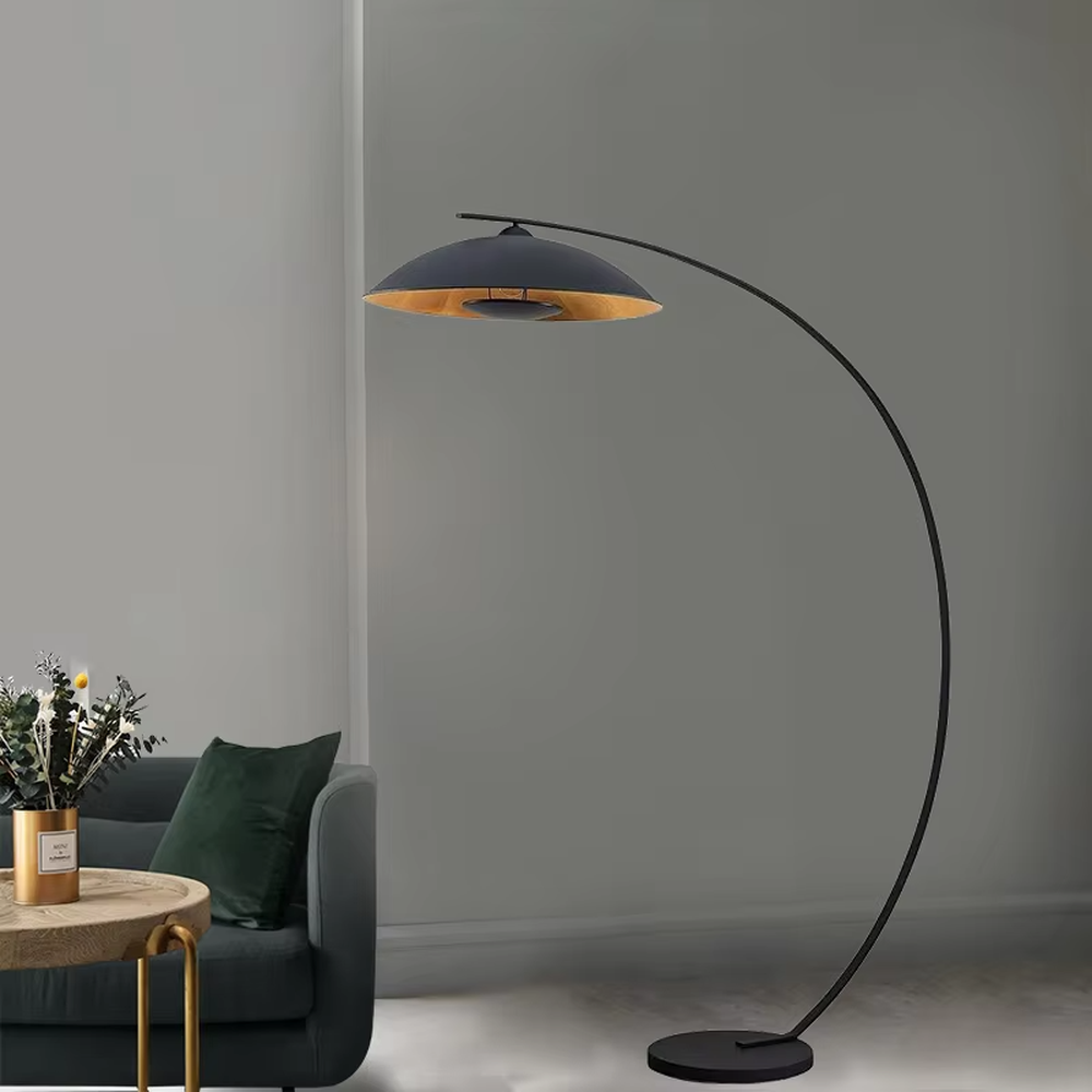 Minimalist black metal curved floor lamp, black + wooden inner layer hemispherical lampshade, simple soft light, creating a minimalist high-end home atmosphere.