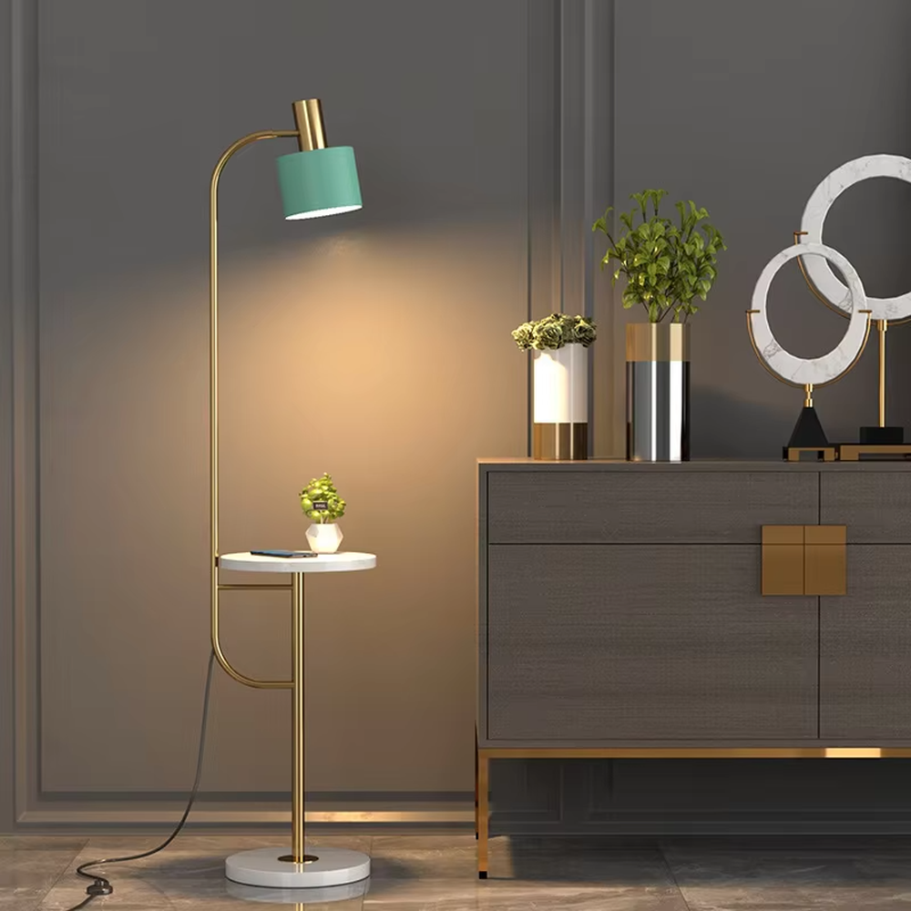 Light luxury black-gold curved LED floor lamp (with side table + drawer), black metal curved stand + gold-decor lamp head + round side table with drawer, soft warm light, creating a high-end practical light luxury atmosphere.