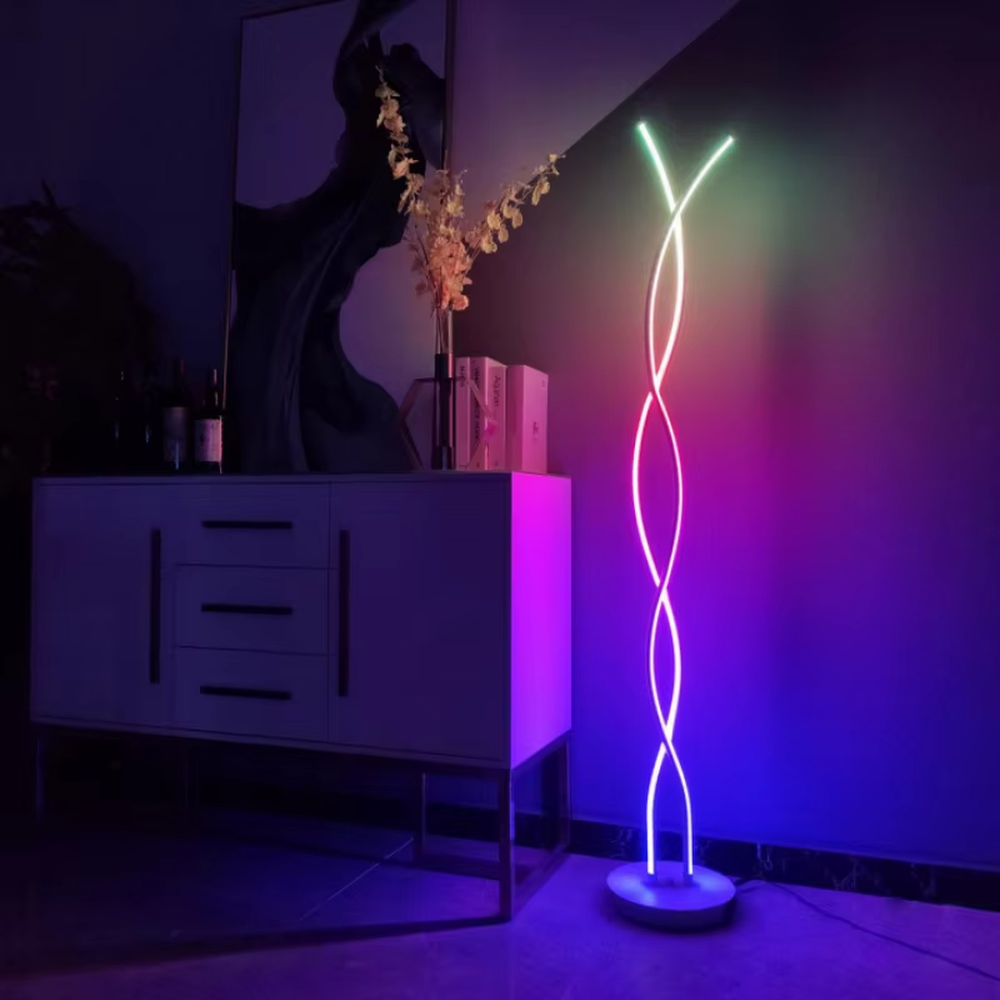 Trendy spiral-wound gradient colorful LED floor lamp, double strip lights spiral-wound + gradient multi-color light effect, creating a fashionable trend atmosphere.