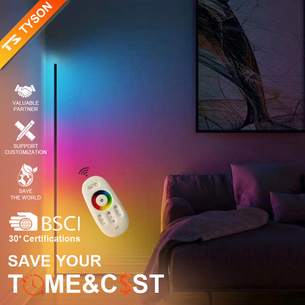 Minimalist corner strip color-changing ambient floor lamp, slender strip lamp body + corner-adapted base + multi-color ambient light, soft light renders the space, creating a stylish atmosphere.