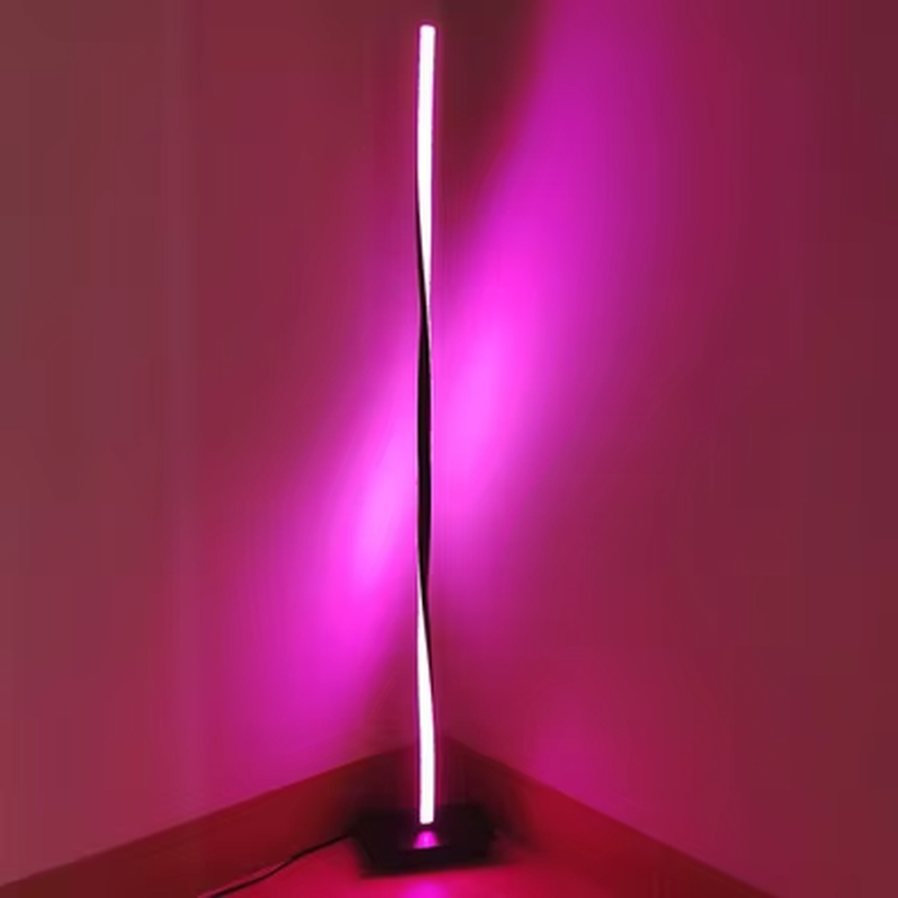 Modern fashion curved strip color-changing LED floor lamp, black frame + long strip LED light source + multi-color ambient light, soft light renders the space, creating a trendy fashion atmosphere.