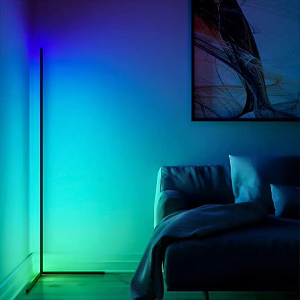 Minimalist corner strip color-changing ambient floor lamp, slender strip lamp body + corner-adapted base + multi-color ambient light, soft light renders the space, creating a stylish atmosphere.