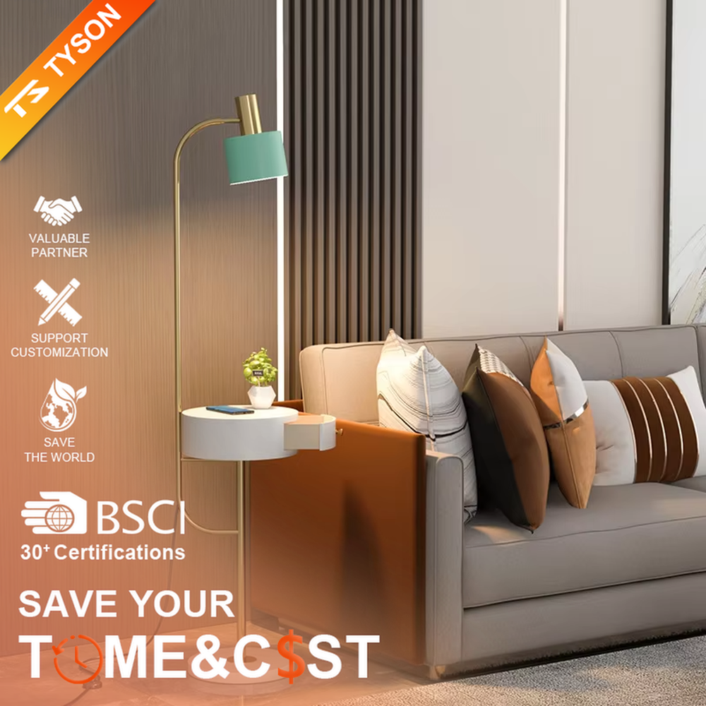 Light luxury black-gold curved LED floor lamp (with side table + drawer), black metal curved stand + gold-decor lamp head + round side table with drawer, soft warm light, creating a high-end practical light luxury atmosphere.