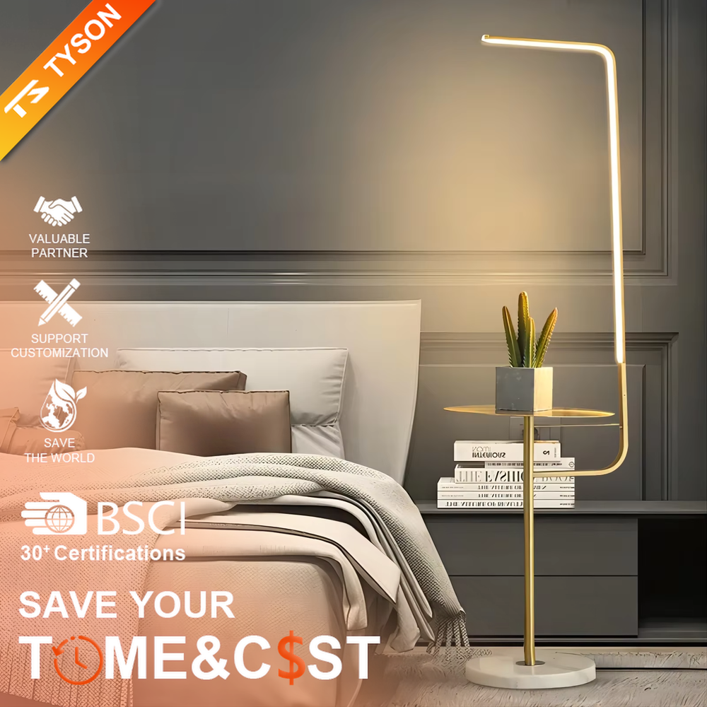 Light luxury black-gold U-shaped LED strip floor lamp with side table, black metal stand + gold strip frame + round small side table, soft warm light, creating a high-end light luxury atmosphere.