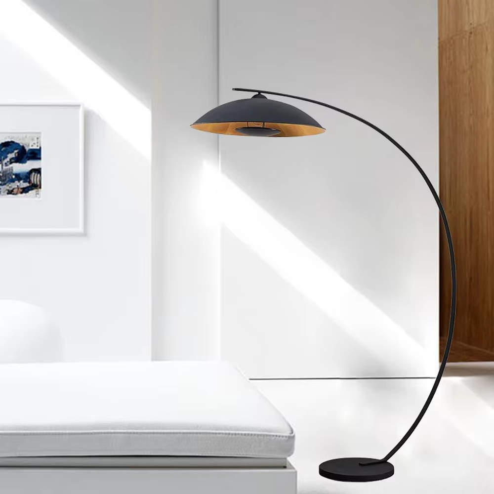 Minimalist black metal curved floor lamp, black + wooden inner layer hemispherical lampshade, simple soft light, creating a minimalist high-end home atmosphere.