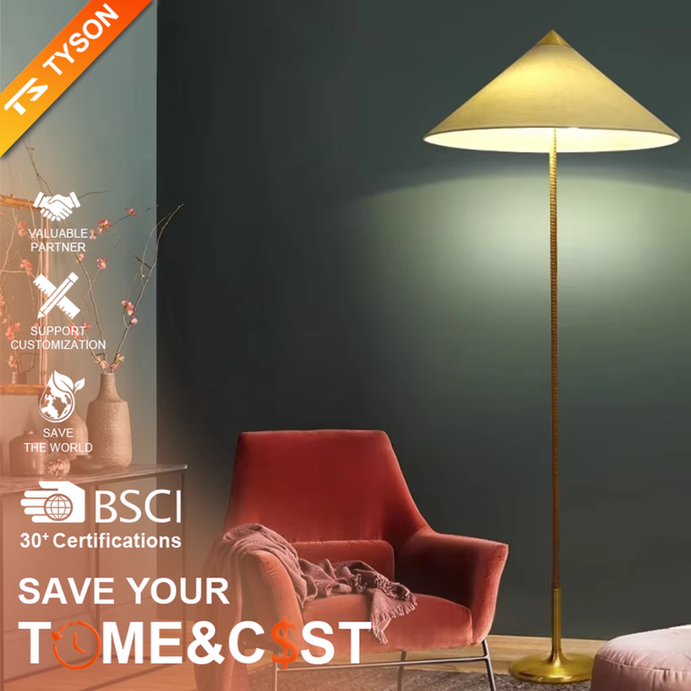 Light luxury vintage-style golden woven pole cone lampshade floor lamp, white cone fabric lampshade + golden disc base, soft lighting, creating an elegant vintage atmosphere.