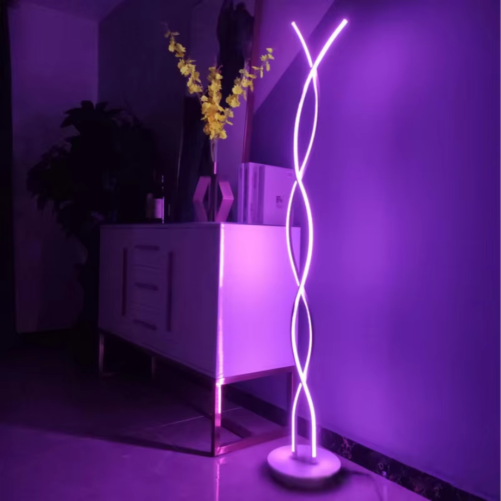 Trendy spiral-wound gradient colorful LED floor lamp, double strip lights spiral-wound + gradient multi-color light effect, creating a fashionable trend atmosphere.