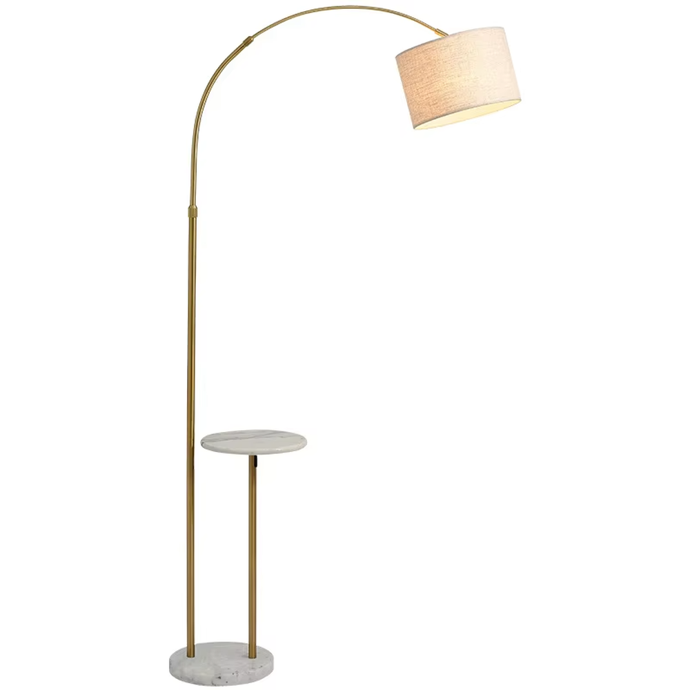 Vintage light luxury black metal curved floor lamp with side table, black metal stand + brown fabric lampshade + wooden small side table, soft warm light, creating a vintage elegant home atmosphere.