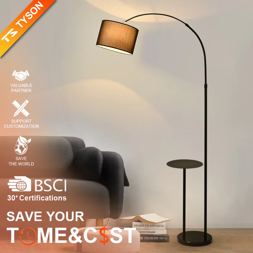 Vintage light luxury black metal curved floor lamp with side table, black metal stand + brown fabric lampshade + wooden small side table, soft warm light, creating a vintage elegant home atmosphere.