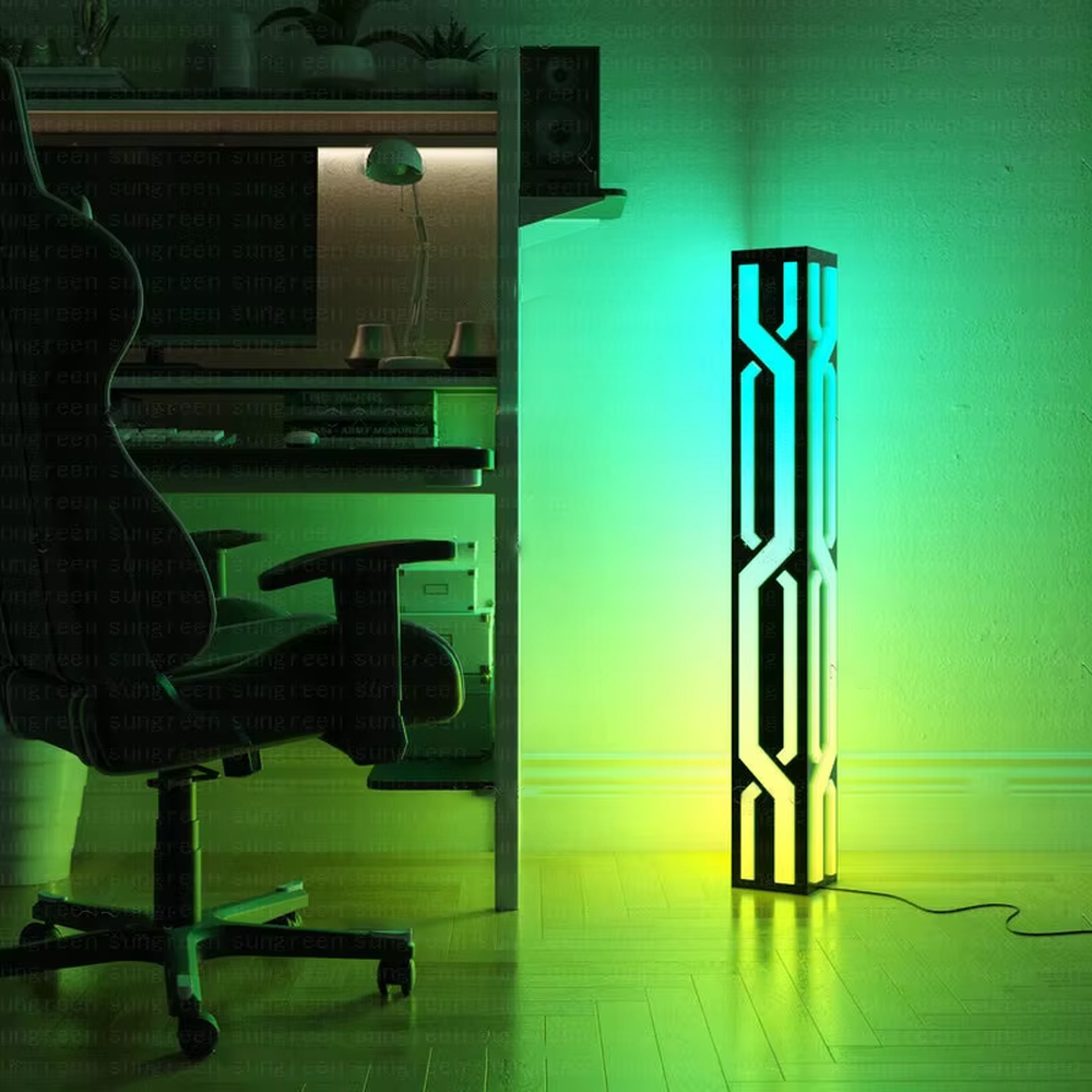 Cyberpunk-style black cube shell geometric pattern LED floor lamp, black cube + luminous geometric lines + cool-toned light effect, creating a sci-fi futuristic space atmosphere.