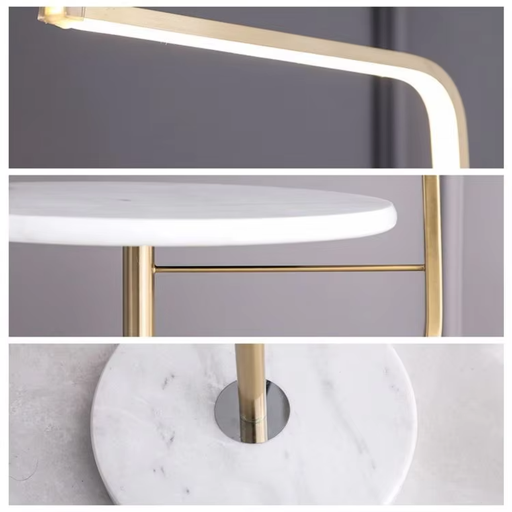 Light luxury golden L-shaped LED strip floor lamp with side table, gold metal stand + round small side table + white marble base, soft warm light, creating a high-end practical light luxury atmosphere.