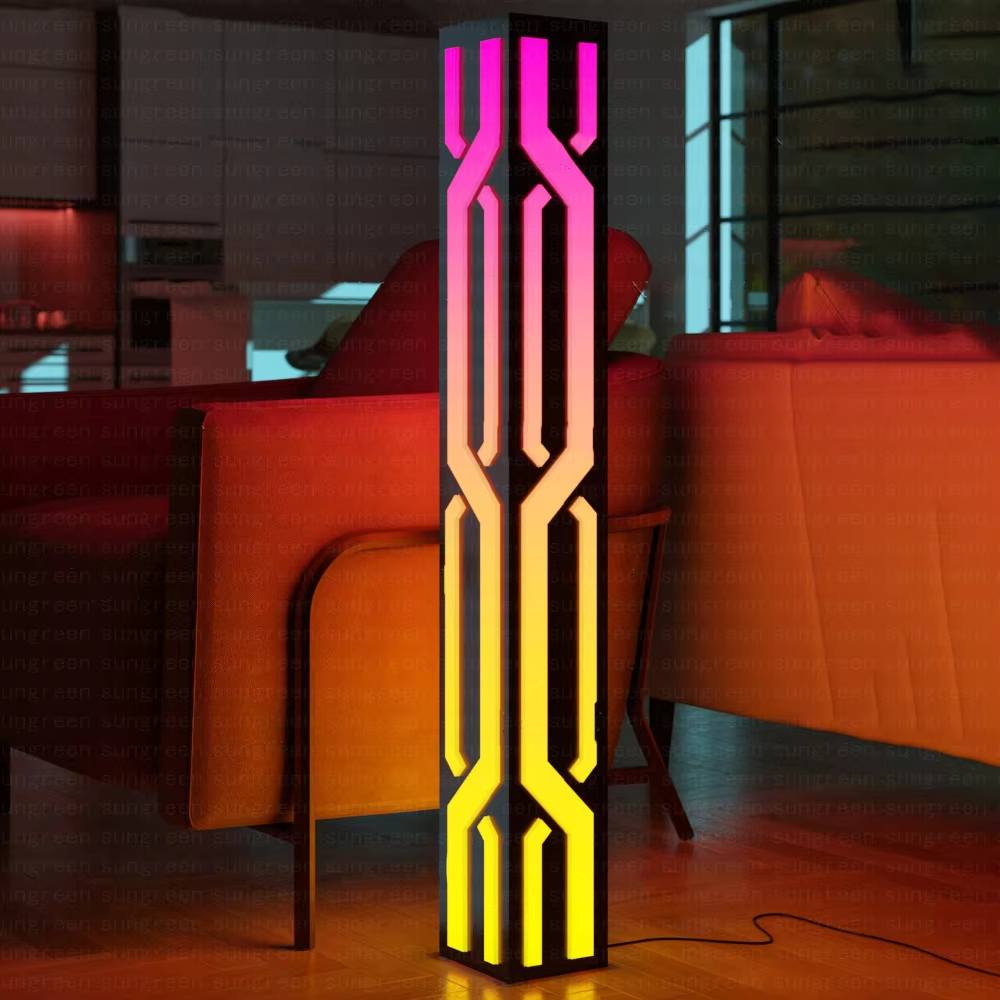 Cyberpunk-style black cube shell geometric pattern LED floor lamp, black cube + luminous geometric lines + cool-toned light effect, creating a sci-fi futuristic space atmosphere.