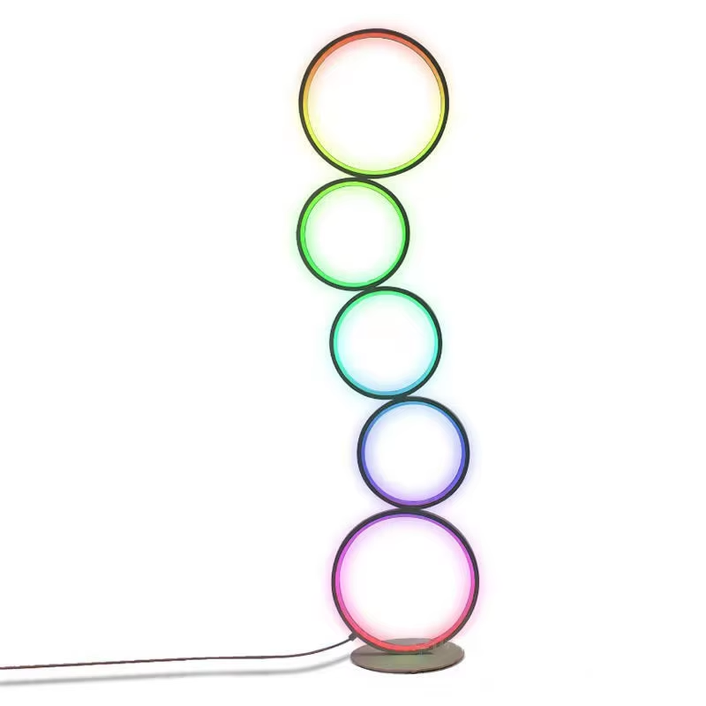 Modern art-style multi-layer luminous ring floor lamp, black frame + warm light ring light source + stacked shape, creating a simple artistic space atmosphere.