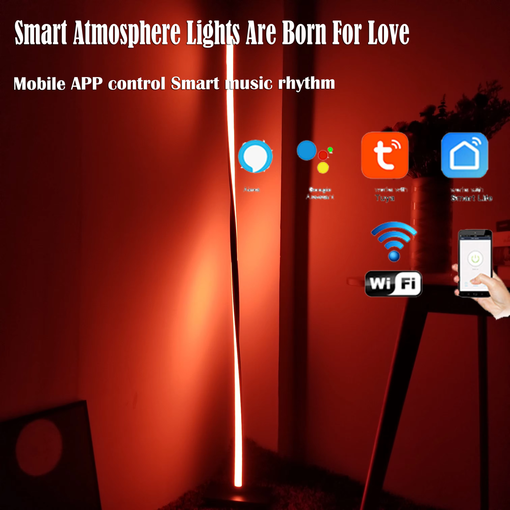 Modern fashion curved strip color-changing LED floor lamp, black frame + long strip LED light source + multi-color ambient light, soft light renders the space, creating a trendy fashion atmosphere.