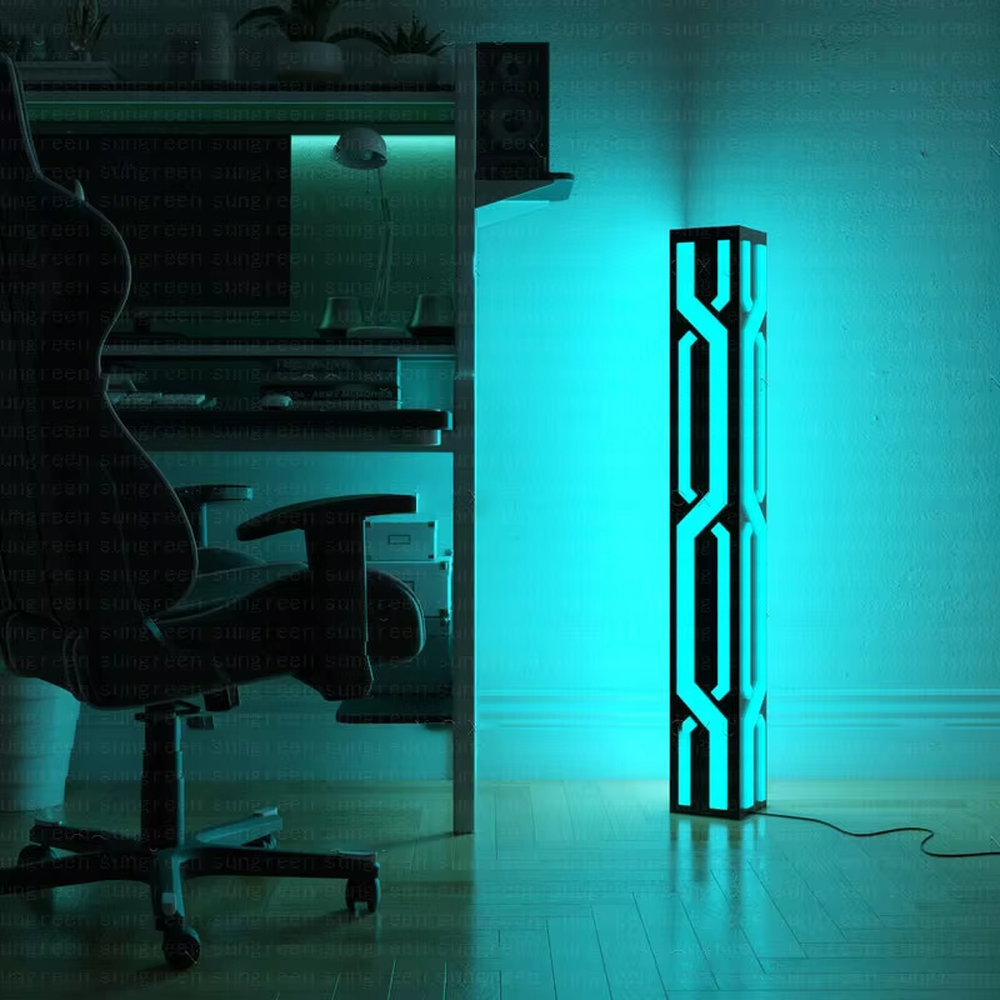 Cyberpunk-style black cube shell geometric pattern LED floor lamp, black cube + luminous geometric lines + cool-toned light effect, creating a sci-fi futuristic space atmosphere.