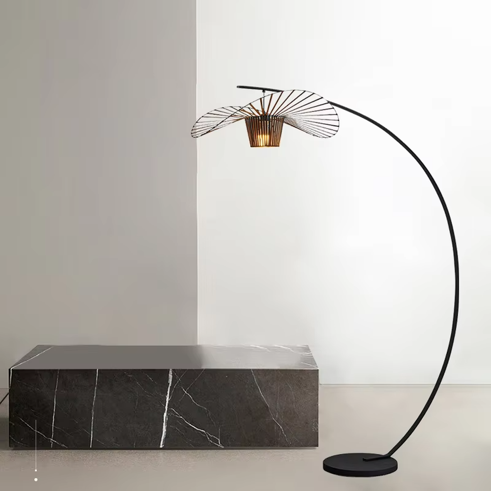 Modern art fan-shaped grid black metal curved floor lamp, black metal curved stand + fan-shaped grid lampshade + wooden lamp core, soft warm light, creating a modern art high-end atmosphere.