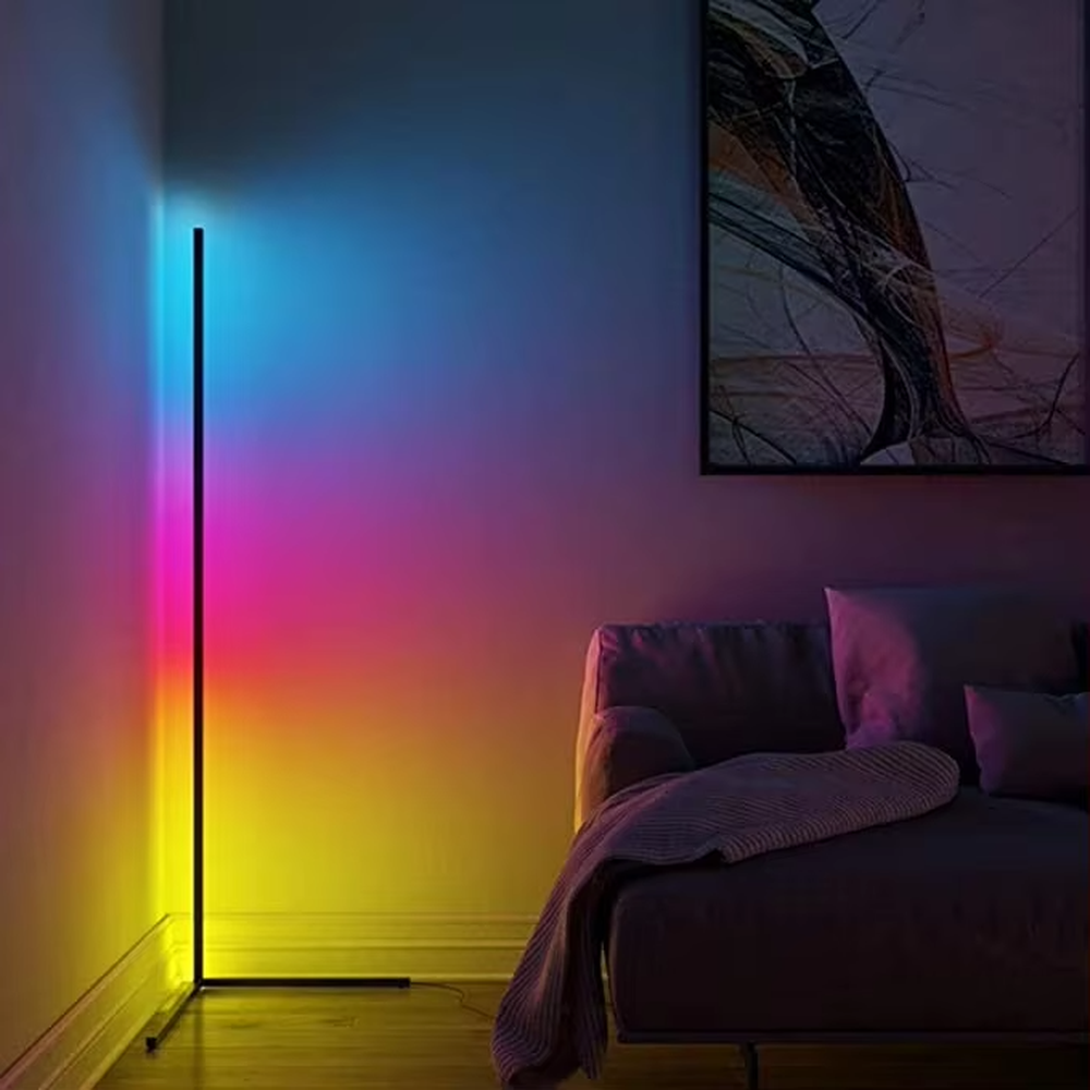 Minimalist corner strip color-changing ambient floor lamp, slender strip lamp body + corner-adapted base + multi-color ambient light, soft light renders the space, creating a stylish atmosphere.