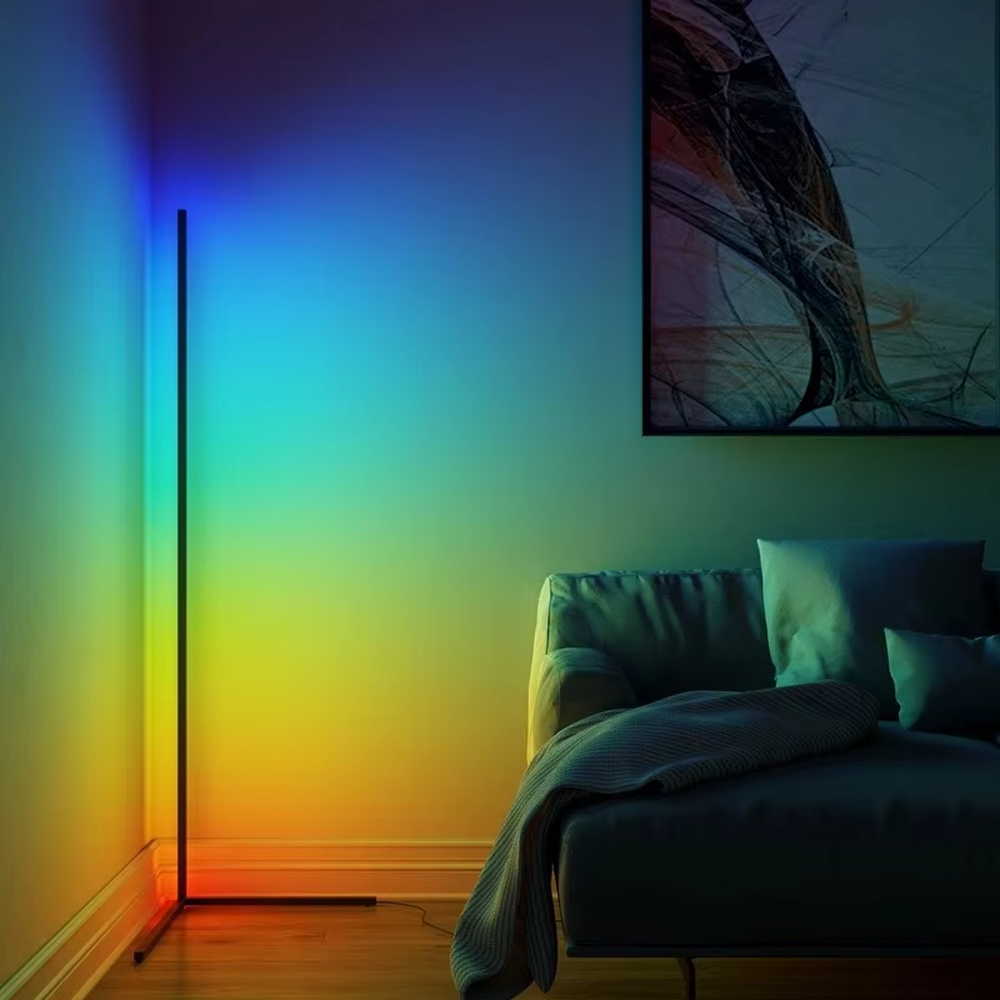 Minimalist corner strip color-changing ambient floor lamp, slender strip lamp body + corner-adapted base + multi-color ambient light, soft light renders the space, creating a stylish atmosphere.
