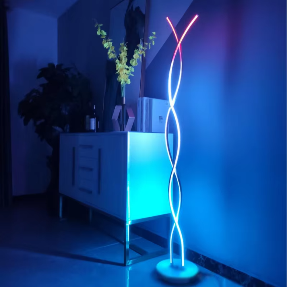 Trendy spiral-wound gradient colorful LED floor lamp, double strip lights spiral-wound + gradient multi-color light effect, creating a fashionable trend atmosphere.