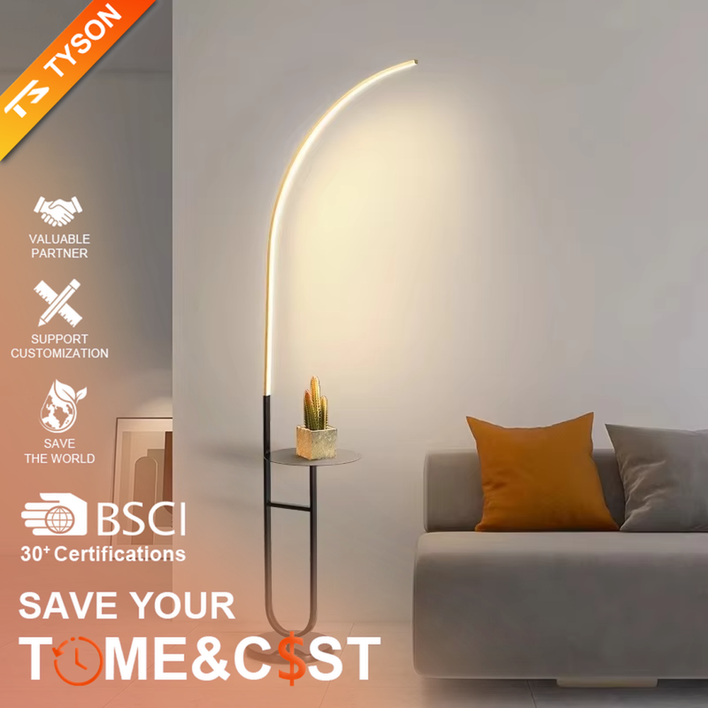 Modern curved LED strip floor lamp with side table, black metal stand + round small side table, warm light curved strip, creating a minimalist high-end atmosphere.
