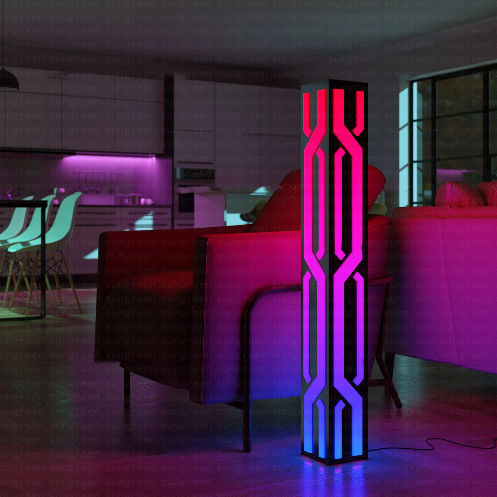 Cyberpunk-style black cube shell geometric pattern LED floor lamp, black cube + luminous geometric lines + cool-toned light effect, creating a sci-fi futuristic space atmosphere.