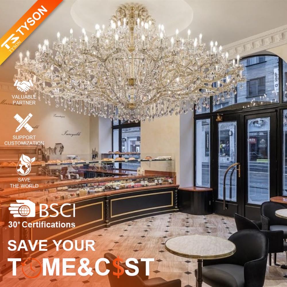 This is a luxurious large chandelier, supported by a gold metal frame with multi-layer crystal pendants, featuring a blooming and gorgeous shape, with brilliant and dazzling light, both decorative and lighting functions, ideal for large commercial spaces such as high-end restaurants and hotel lobbies.
