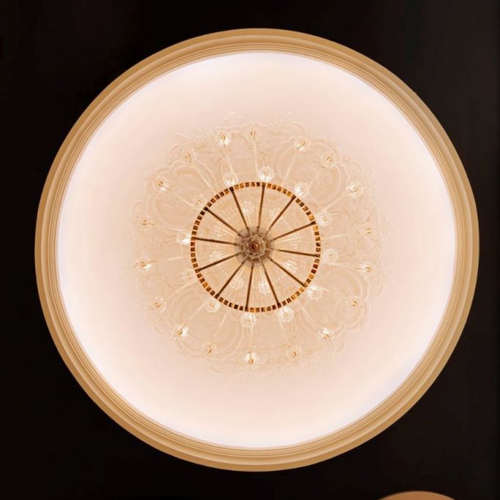 European Luxury Recessed Crystal Chandelier, Branch structure made of transparent K9 crystal embedded in a circular luminous ceiling, serves both lighting and decorative purposes, ideal for high-end banquet halls, luxury wedding venues, star hotel lobbies and other large public spaces.