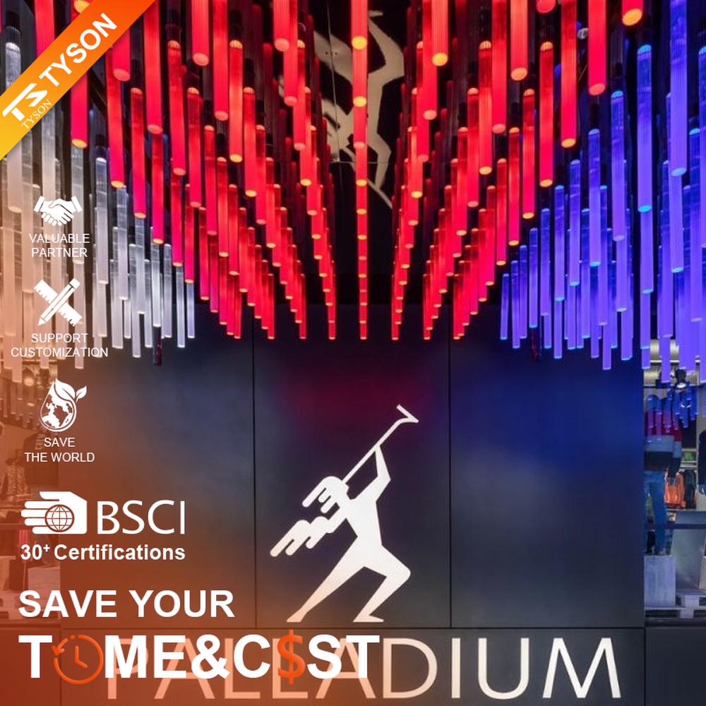 This is an immersive LED pendant light array, composed of densely arranged purple gradient LED light strips arranged vertically, presenting a flowing starry sky effect, with both decorative and atmosphere-creating functions, ideal for trendy commercial spaces such as brand stores and commercial entrances.
