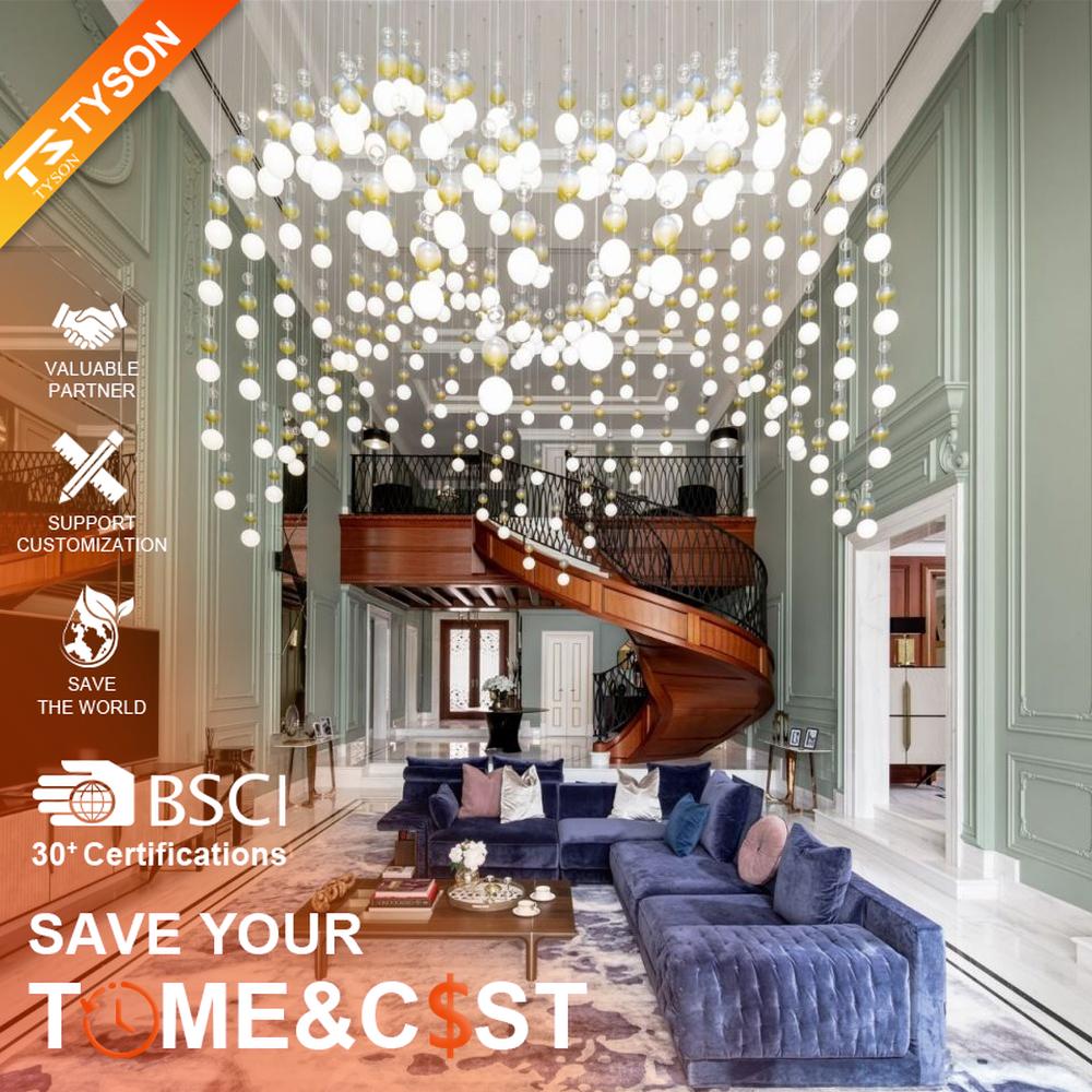 Modern Art Spherical Pendant Chandelier, Composed of Numerous White and Amber Glass/Acrylic Spheres Hung in a Cascading Arrangement, Serves Both Lighting and Decorative Purposes, Ideal for High-Ceiling Villa Halls, Hotel Lobbies, High-End Clubs, etc.