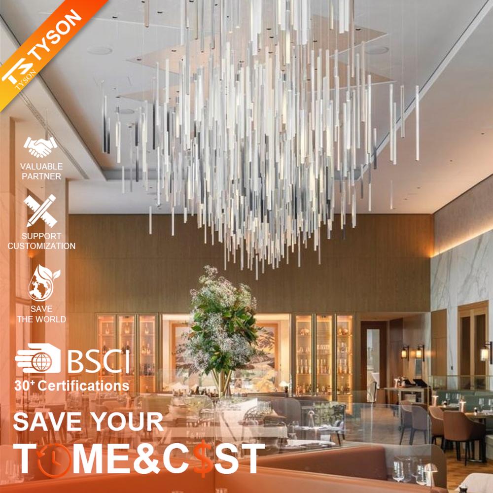This is a modern minimalist large pendant crystal chandelier, composed of densely hung transparent and translucent crystal tubes, creating a dynamic light waterfall effect, with both decorative and lighting functions, ideal for high-ceiling commercial spaces such as high-end restaurants and hotel lobbies.