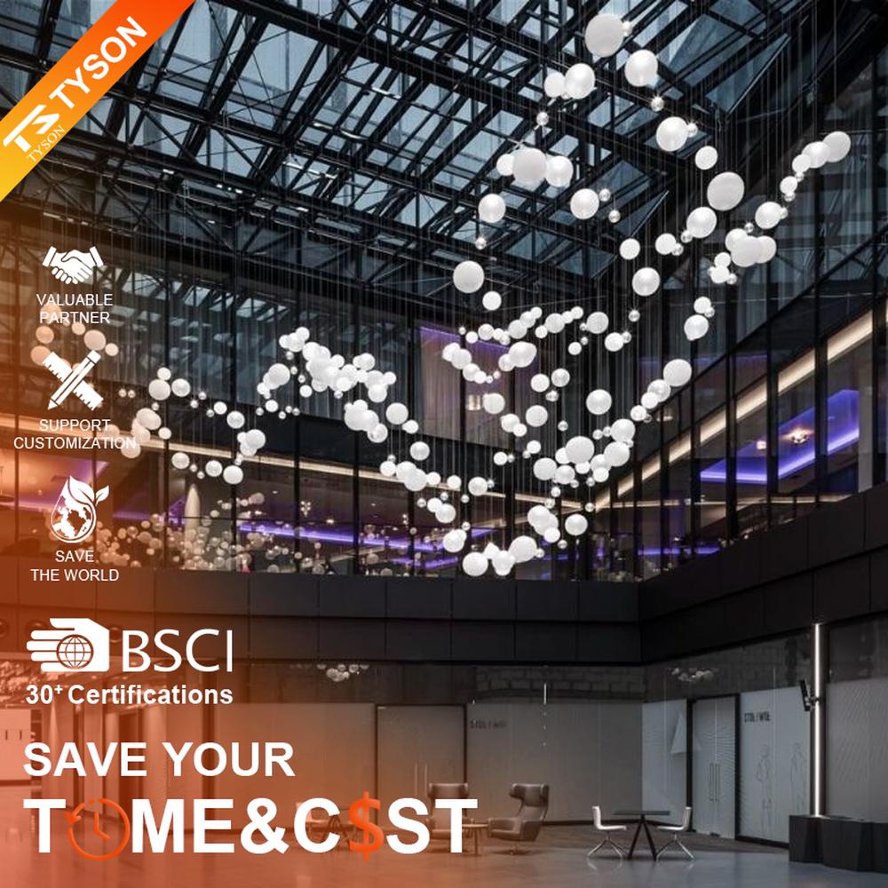 This is a modern art-style suspended spherical light array, composed of densely hung white spherical LED lights of varying sizes, presenting a flowing cloud cluster effect, with both decorative and lighting functions, ideal for public commercial spaces such as shopping mall atriums and high-ceiling office buildings.