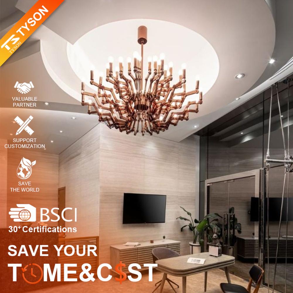 This branch-shaped multi-head chandelier features a fork-shaped lamp frame made of wood-like material, paired with multiple groups of staggered light-emitting lamp heads, presenting a visual effect that combines natural artistry and modern industrial style, suitable for core lighting and decoration in high-ceiling public spaces.