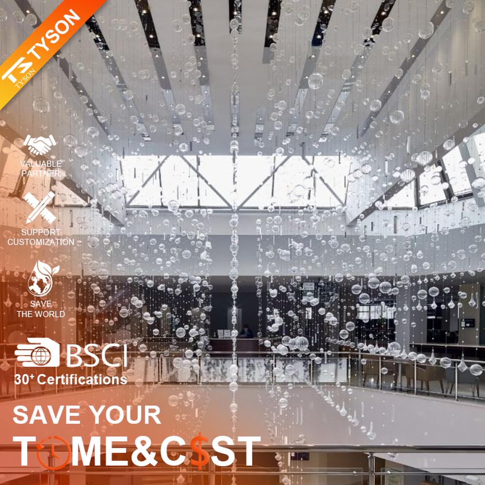 This large artistic bubble chandelier is composed of a large number of transparent glass bubble balls hung in a staggered manner by metal wires, presenting a visual effect like scattered starry sky. The light refracts through the bubbles to emit soft and transparent light spots, serving both lighting and decorative purposes, suitable for high-ceiling commercial spaces such as hotel lobbies and shopping mall atriums.