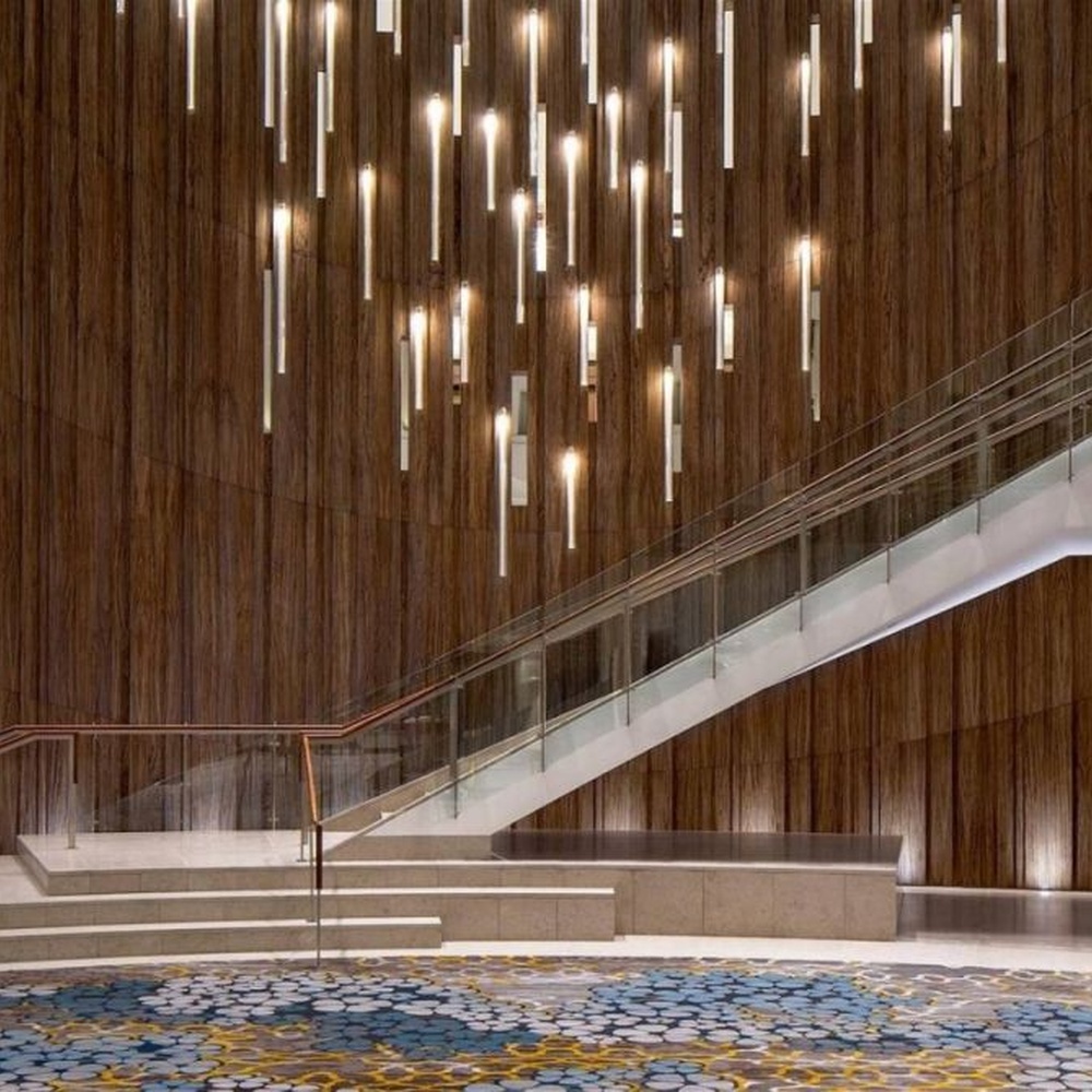 This modern light rain art lighting group consists of a large number of slender linear light strips hanging vertically, creating a "pouring light rain" visual effect with a wooden background wall, serving both lighting and installation art purposes, suitable for high-ceiling commercial spaces such as hotel lobbies and convention centers.