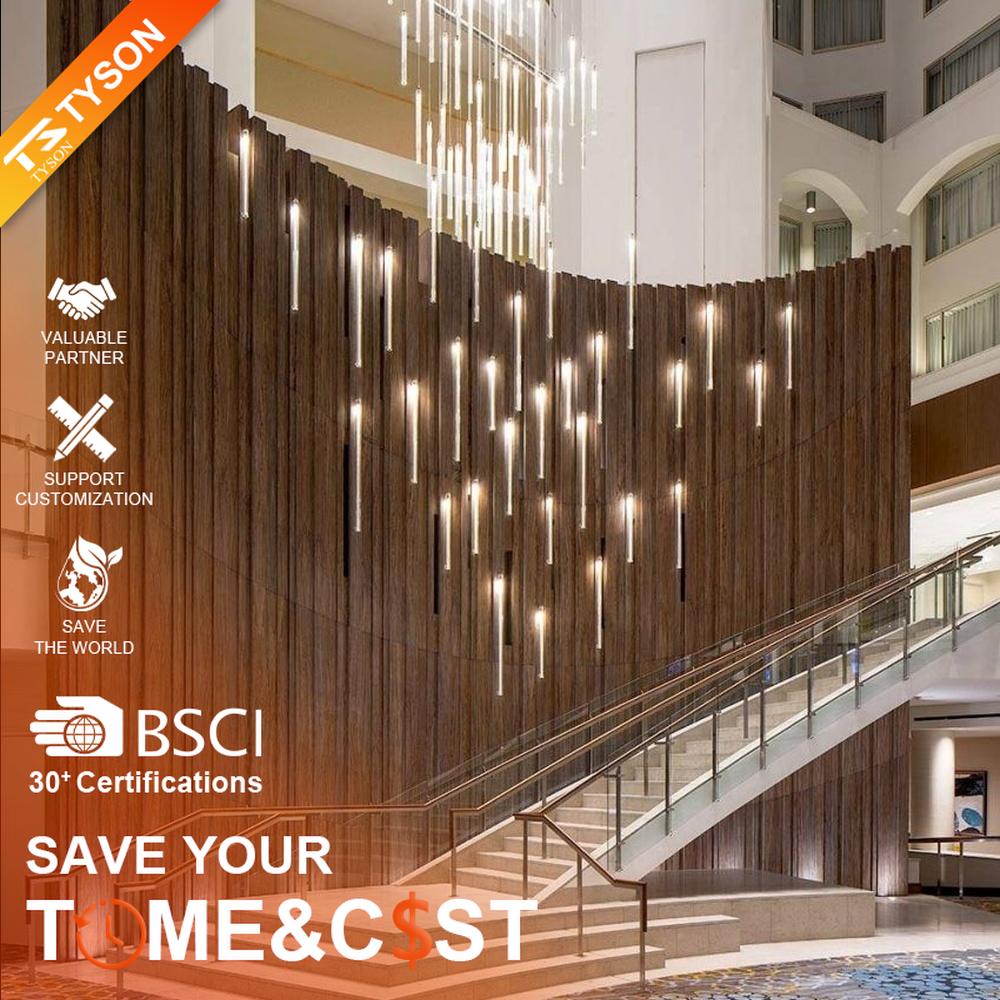 This modern light rain art lighting group consists of a large number of slender linear light strips hanging vertically, creating a "pouring light rain" visual effect with a wooden background wall, serving both lighting and installation art purposes, suitable for high-ceiling commercial spaces such as hotel lobbies and convention centers.
