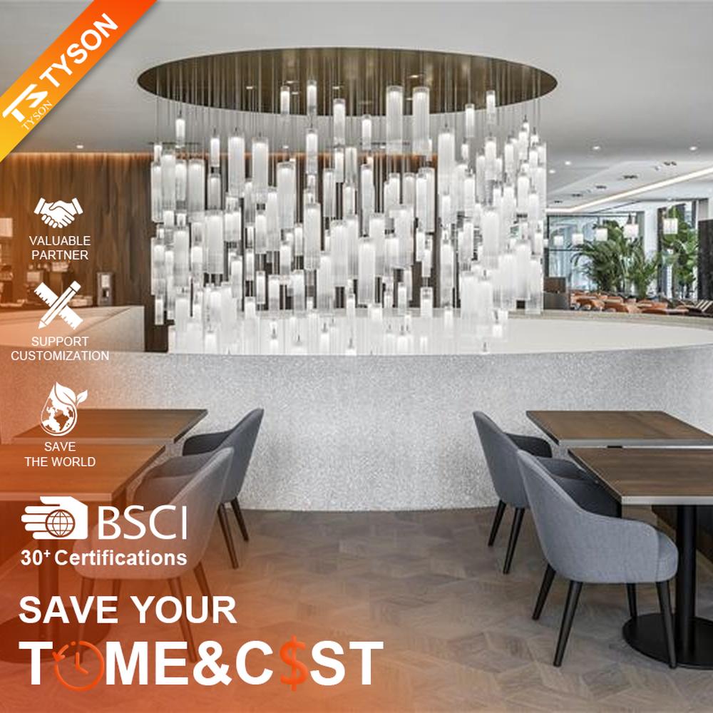 This is a modern minimalist large waterfall-style pendant chandelier, composed of densely hung transparent and translucent crystal tubes, presenting a dynamic flowing water shape, with both decorative and lighting functions, ideal for high-ceiling public spaces such as hotel lobbies and shopping mall atriums.