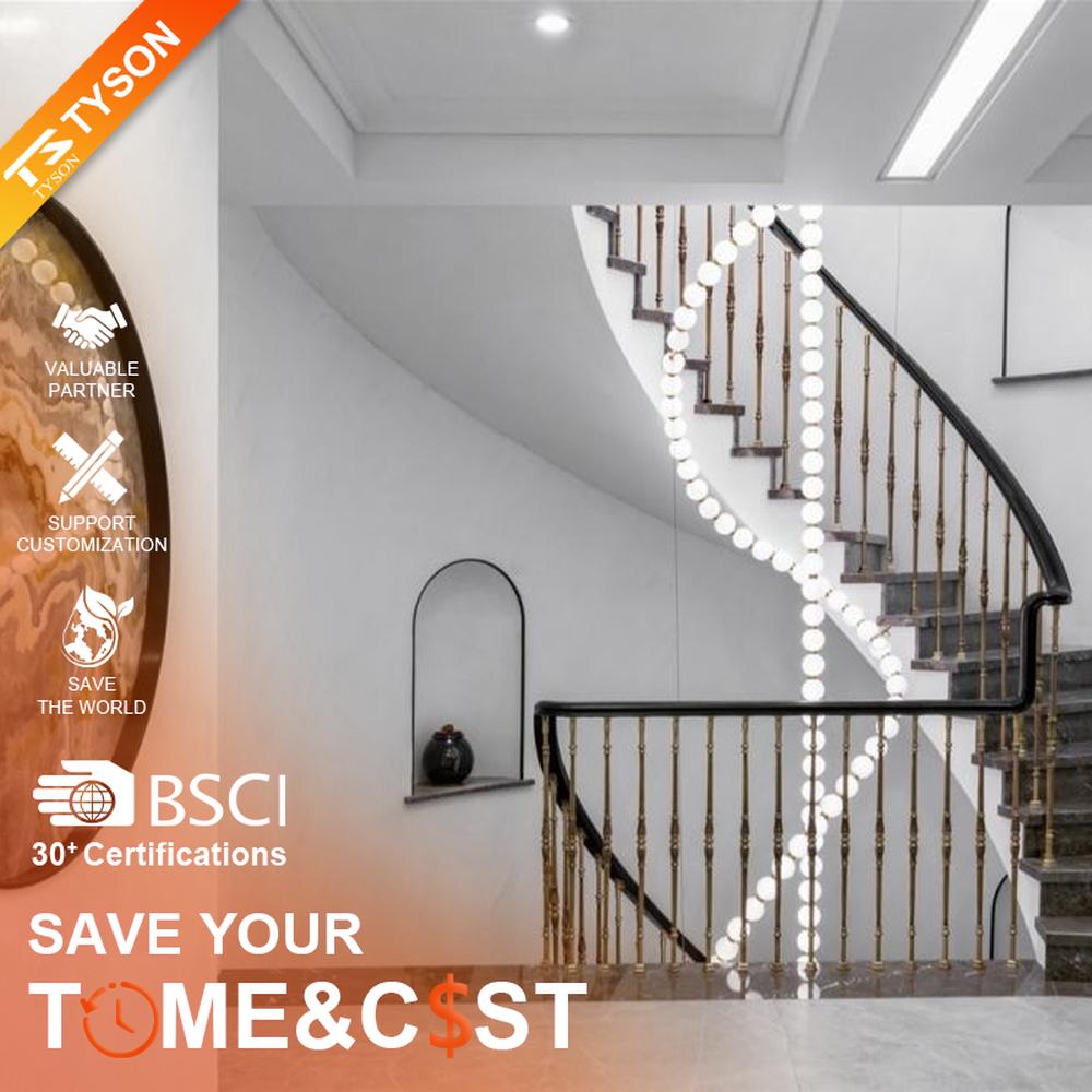 Modern Art Spiral Beaded Chandelier, Composed of Milk White Spherical Lamps Connected in a Spiral Shape Following Staircase Curves, with Gold Metal Details, Serves Both Lighting and Decorative Purposes, Ideal for Villa Spiral Staircases, High-Ceiling Halls, Luxury Hotel Lobbies, etc.
