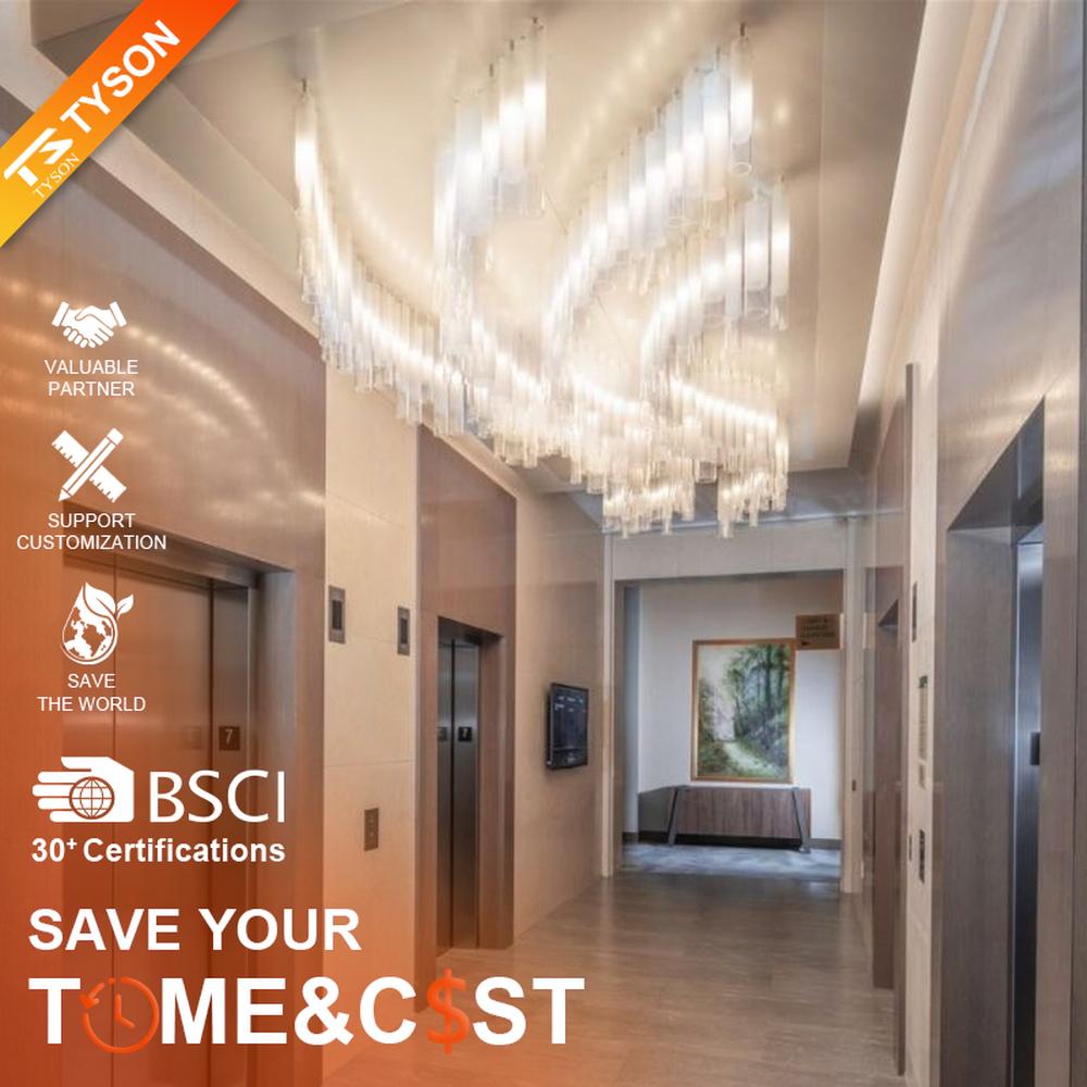 Modern Luxury Multi-layer Rectangular Crystal Chandelier, composed of transparent crystal strips and metal frames in a layered suspended design, serves both lighting and decorative purposes, ideal for hotel elevator lobbies, corridors, high-end office building lobbies and other public spaces.