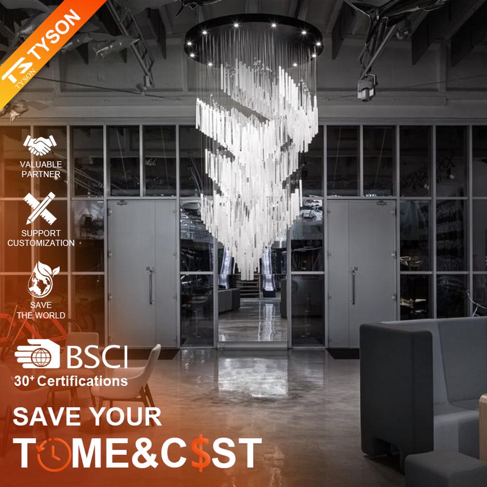 This modern industrial-style art chandelier consists of a large number of white acrylic strips hung staggered by metal wires, extending downward in a waterfall shape from a circular ceiling plate. Light passes through the strips to emit a transparent and soft halo, serving both lighting and decorative purposes, suitable for high-ceiling commercial spaces such as cultural and creative parks and art exhibition halls.